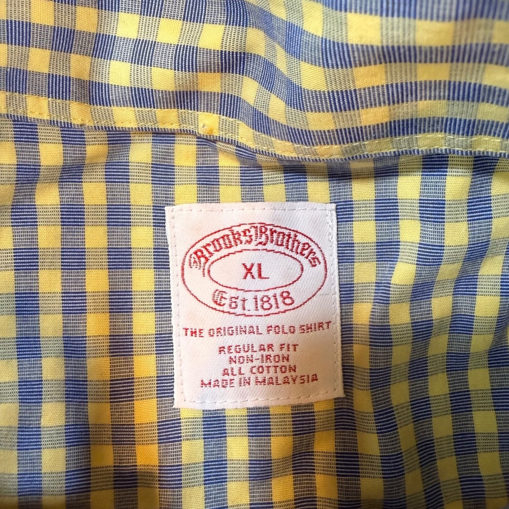 Brooks Brothers Button Down Mens XL Yellow/Blue Gingham Non-Iron Preppy Office - Picture 4 of 10